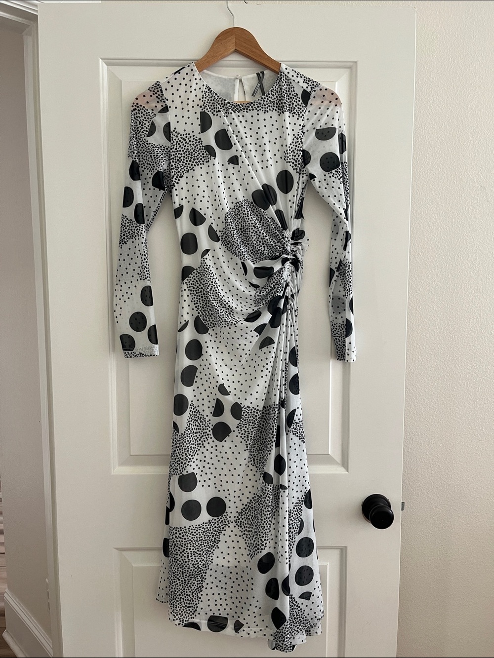 By Anthropologie Black White Monochrome Polka Dot Ruched Midi Dress Grunge